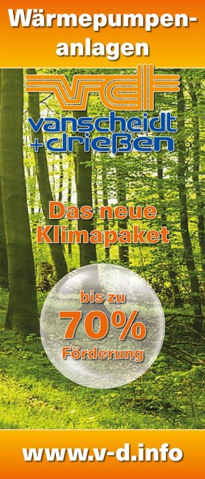 Werbebanner von Vanscheidt & Drießen zu Wärmepumpenanlagen mit Klimapaket und bis zu 70 % Förderung auf Waldhintergrund.